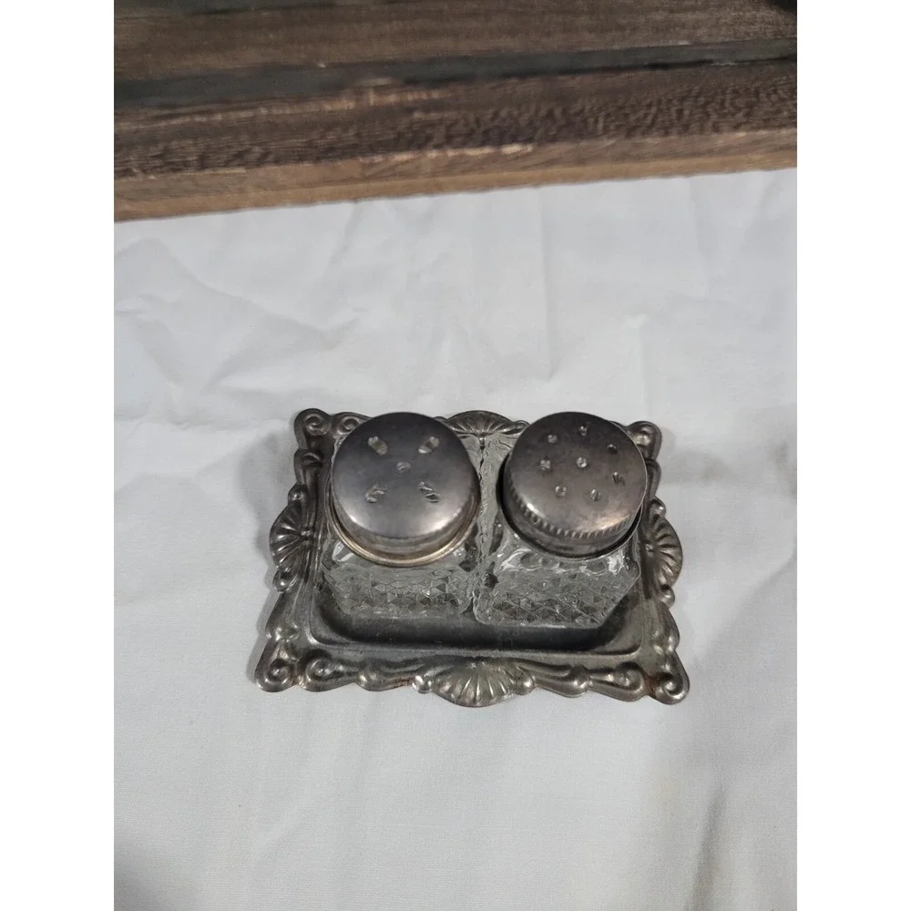 Vintage Hong Kong Glass Salt & Pepper Shakers Set w/ Ornate Silver-Plate Tray.